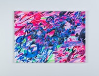 an abstract painting with blue, pink, and purple colors