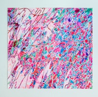 an abstract painting with pink, blue, and green colors