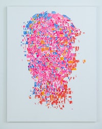 a painting of a person in pink and blue squares