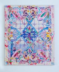 a painting with colorful designs on a white background