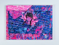 a painting of a girl in pink and blue