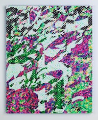 an abstract painting with green, pink, and purple colors